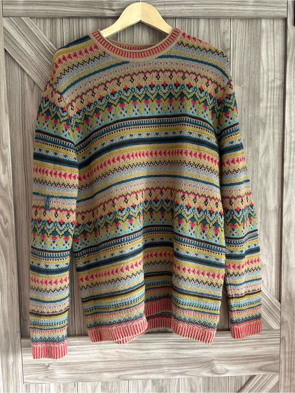 Sol Alpaca 100% Baby Alpaca Multi-Color Fair Isle Geometric Crewneck Sweater L